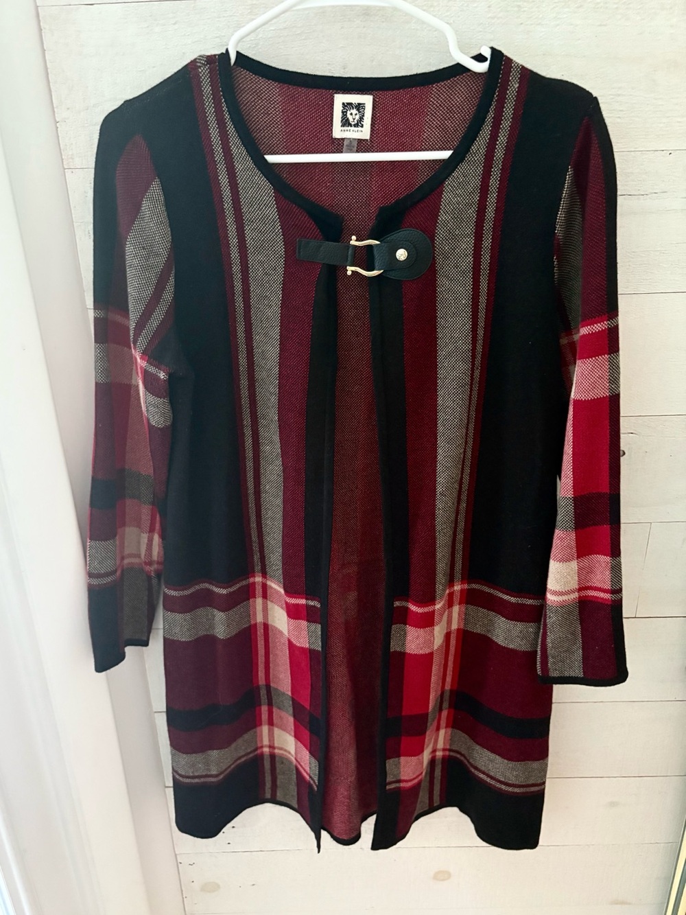 Anne Klein Red & Black Plaid Open Front Cardigan Duster SMALL